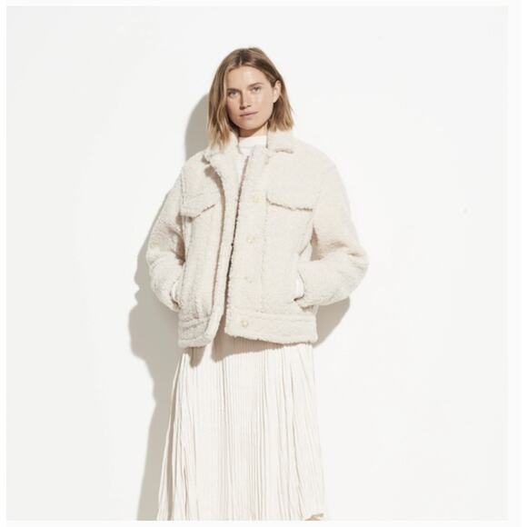 Vince Sherpa Bomber Jacket XS Pearl White Cream Button Coat Shearling Western - Picture 1 of 9